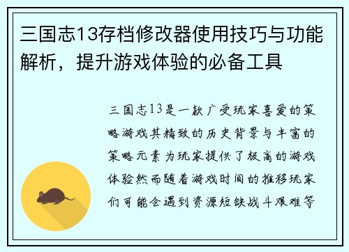 三国志13存档修改器使用技巧与功能解析，提升游戏体验的必备工具