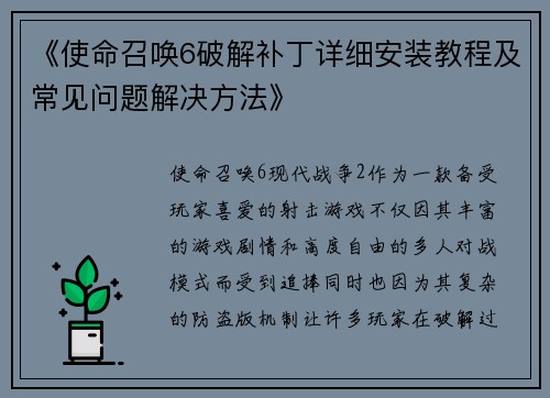 《使命召唤6破解补丁详细安装教程及常见问题解决方法》